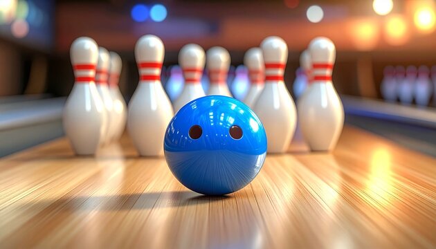 Smiling cartoon bowling ball facing pins in cozy alley