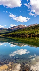 Obraz premium Serene Mountain Lake with Reflections Under Bright Blue Sky