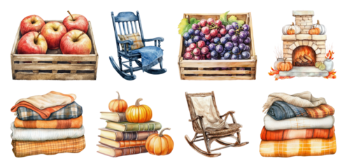 PNG Cozy autumn harvest illustrations, element set on transparent background