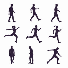 Obraz premium Collection of diverse human silhouettes engaged in walking, running, and dynamic action poses, representing movement, fitness, and active lifestyles.