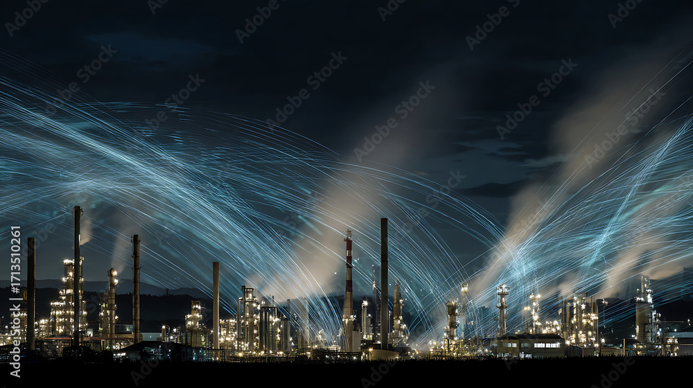 Poster dark sky backdrop with factories illuminated by soft, moving digital data streams
