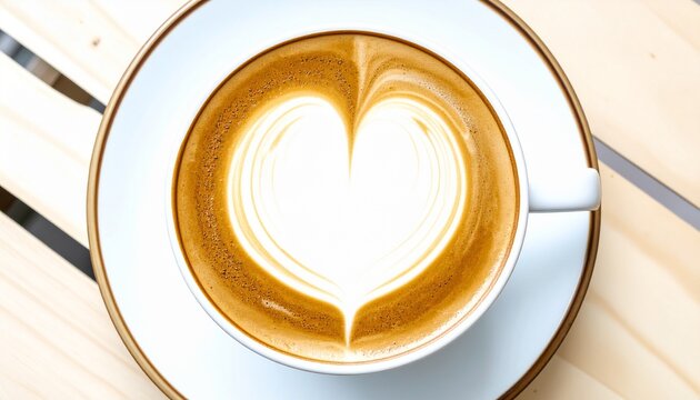 Top down view of a hot coffee latte with heart shaped foam art in a white cup on a wooden table. - Powered by Adobe
