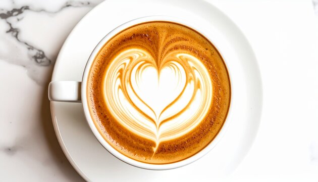 Top down view of a creamy latte coffee with heart shaped art.