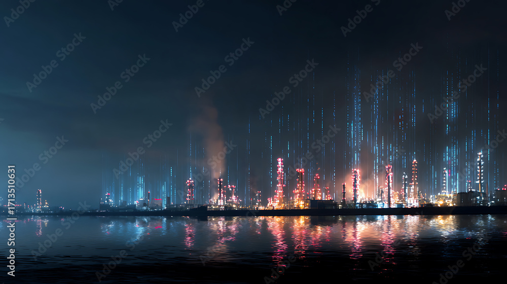 Poster dark sky backdrop with factories illuminated by soft, moving digital data streams