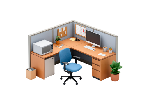 Cozy office cubicle with computer monitor, chair, and potted plant in professional workspace