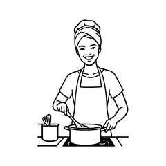 Black and White Vector Illustration of a Smiling Woman Cooking in Kitchen with Apron and Headband
