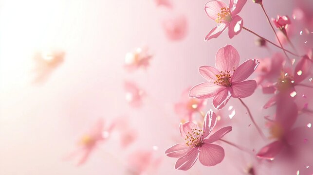 Pink cherry blossoms against a soft pink background. - Powered by Adobe