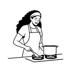 Black and White Vector Illustration of a Smiling Woman Cooking in Kitchen with Apron and Headband
