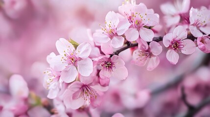 Fototapeta premium A branch of cherry blossoms with pink flowers and green leaves against a blurred background.