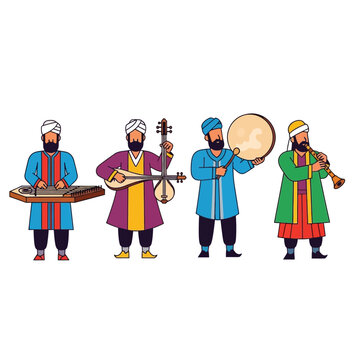 Four Middle Eastern musicians playing traditional instruments together.