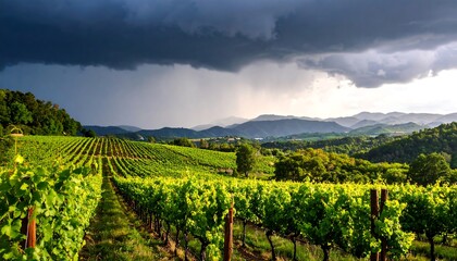 Vineyard landscape under dramatic sky