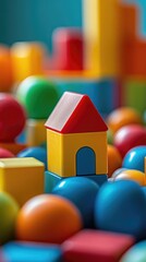 A house made of blocks is sitting on top of a pile of colorful balls