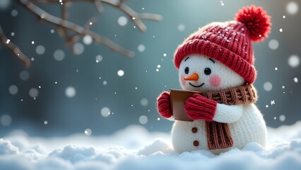 Cute Snowman in Red Winter Hat and Scarf Holding Hot Drink in Snowfall. Happy new year 2026