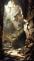 Naklejka premium Crumbling Stone Steps in a Sunlit Abandoned Structure
