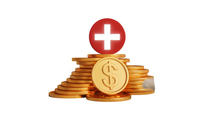 Stack of golden coins with a swiss flag on top representing swiss finance and wealth isolated on transparent background