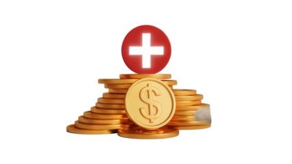Stack of golden coins with a swiss flag on top representing swiss finance and wealth isolated on transparent background