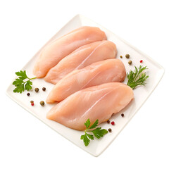 Four Raw Chicken Breasts on White Plate with Herbs and Peppercorns fillet uncooked