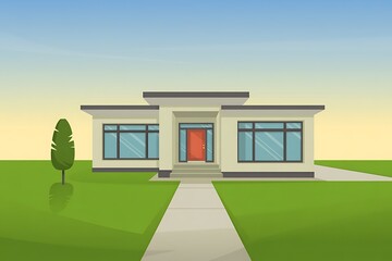 Modern house with red door and green lawn under a clear sky home architecture