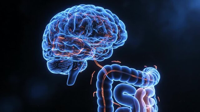 3D scan of brain and human digestive system with glowing blue and red veins on a dark background.