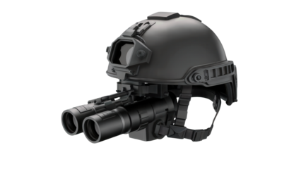 Tactical military helmet with advanced night vision goggles and mounting system isolated on transparent background