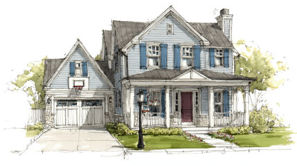 Artistic home sketch with bright accent shutters and transparent surrounding for graphic design