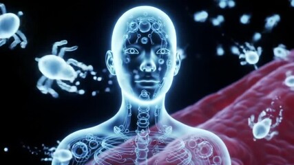 Digital representation of a human body with microscopic organisms, illustrating health and biology concepts