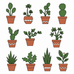 Delightful collection of doodle-style potted succulents and cacti in terracotta pots, ideal for home decor, featuring various green houseplants in a simple vector illustration.
