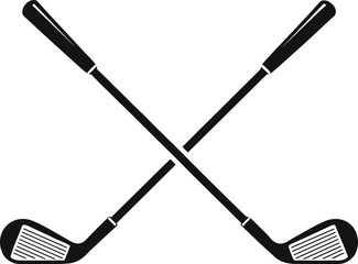 Crossed black golf clubs icon, minimalist sports vector, golf equipment silhouette, tournament symbol, golfing logo design, white background, modern illustration