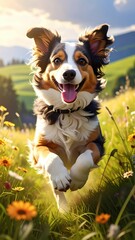 Happy Dog Running Through a Colorful Flower Field in Sunlight