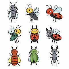 Adorable cartoon insect and bug vector collection featuring friendly ladybugs, bees, and beetles. Perfect for children's designs and playful illustrations.