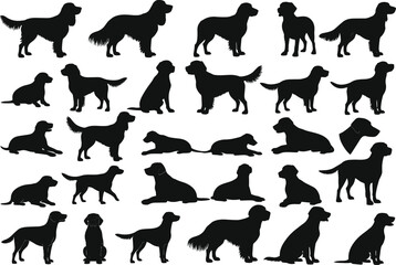 Dog silhouette collection, black vector illustration, various poses and stances, sitting, walking, lying down, retriever style, pet icon set, canine design
