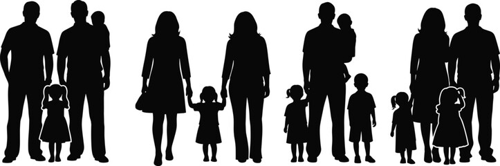 Family silhouette vector set, black parent child icons, diverse group illustrations, caregiving concept, social relationship clipart, editable graphic design elements