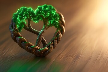 Glowing Tree Heart Resting on Wooden Surface Symbolizing Nature Love
