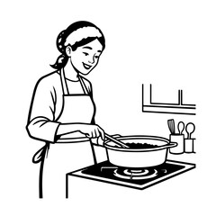 Black and White Vector Illustration of a Smiling Woman Cooking in Kitchen with Apron and Headband
