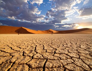 Breathtaking Desert Landscape at Sunset with Unique Cracked Ground