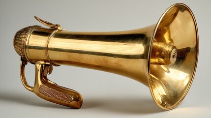 Antique Brass Megaphone, Vintage Communication Device on Plain Background