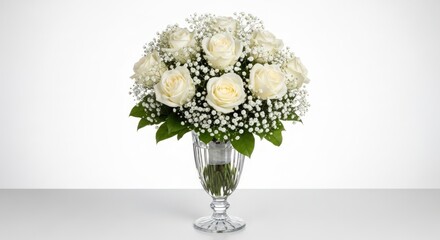 Elegant white roses in a glass vase create a stunning floral arrangement for special occasions