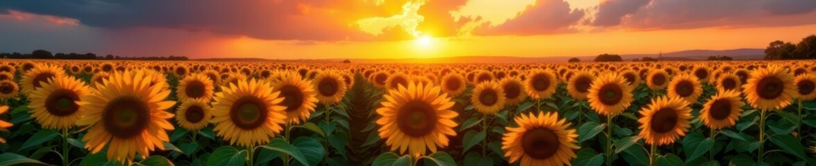 Obraz premium Endless rows of sunflowers ablaze in sunset's fiery hues , orange, stock photo