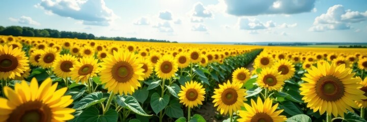Fototapeta premium Rows of sunflowers stretch to horizon, bright blooms , field, countryside