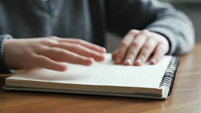 Close-up of hands turning pages in a spiral-bound notebook on a wooden table