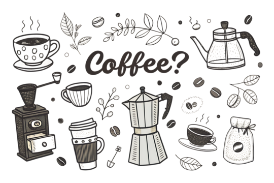 Hand drawn illustration of a vintage coffee grinder moka pot coffee beans and cups on a black background isolated on transparent background - Powered by Adobe