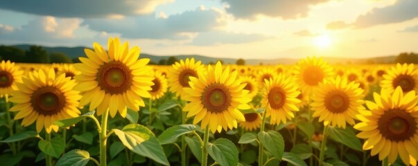 Obraz premium Sun-drenched sunflowers in a vast summer field , summer, farm