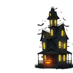 Spooky haunted house with glowing windows and bats isolated on transparent background for halloween