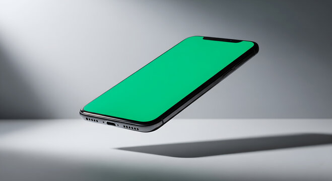 Smartphone with Green Screen Mockup, Modern smartphone with blank green screen floating above a surface, ideal for mockup, app design, and presentation.