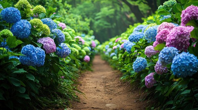 A path through a vibrant garden of hydrangeas, with a mix of blue, pink, and purple flowers, surrounded by lush green foliage.