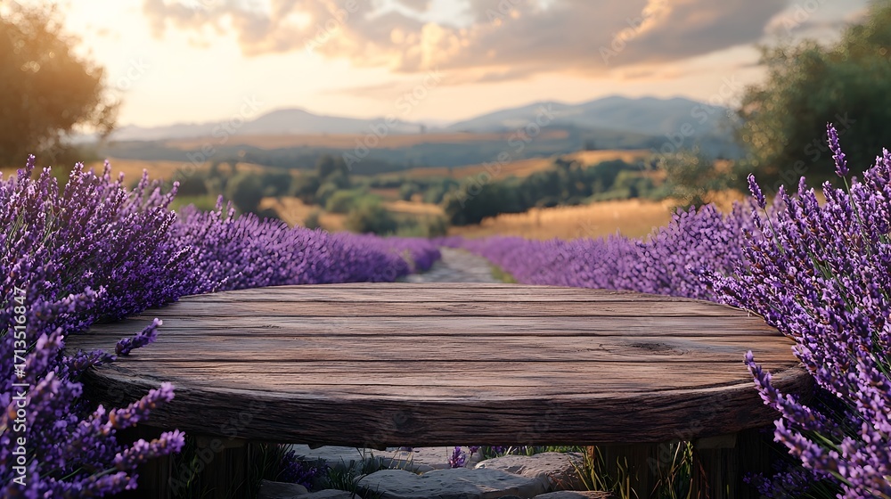 Poster a rustic wooden table sits in a serene lavender field during golden hour offering a beautiful backdr