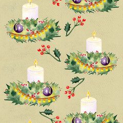 Candles, holly, pine branches, berries, baubles watercolor seamless vertical border isolated on white. Ideal for wrapping paper, festive textiles, greeting cards, invitations, holiday decor projects