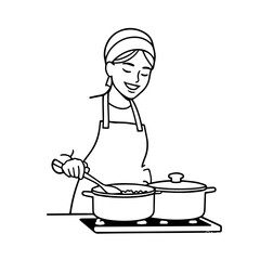 Black and White Vector Illustration of a Smiling Woman Cooking in Kitchen with Apron and Headband
