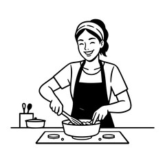 Black and White Vector Illustration of a Smiling Woman Cooking in Kitchen with Apron and Headband
