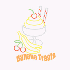 A hand-drawn line art illustration of a delicious banana sundae with a cherry and candy canes. Ideal for food-related graphics, posters, apparel, and stickers.